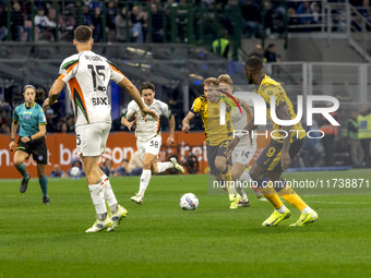 Nicolo Barella plays during the Serie A match between FC Internazionale and Venezia FC at Giuseppe Meazza Stadium in Milano, Italy, on Novem...