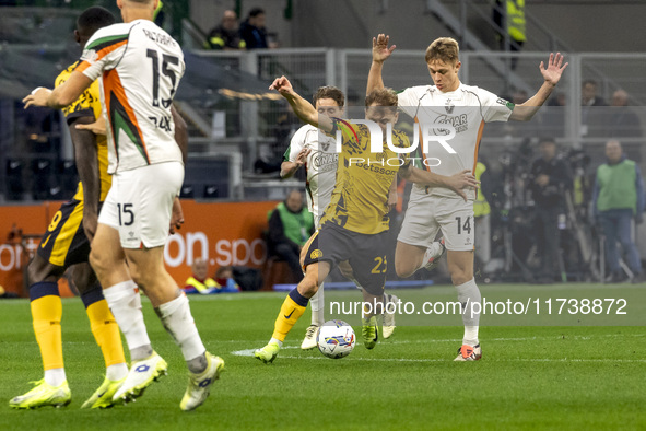 Nicolo Barella plays during the Serie A match between FC Internazionale and Venezia FC at Giuseppe Meazza Stadium in Milano, Italy, on Novem...