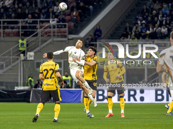 Alessandro Bastoni plays during the Serie A match between FC Internazionale and Venezia FC at Giuseppe Meazza Stadium in Milano, Italy, on N...