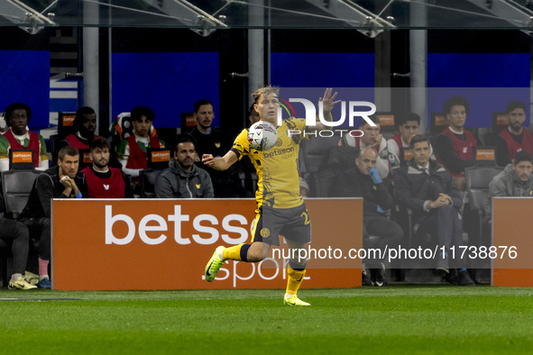 Nicolo Barella plays during the Serie A match between FC Internazionale and Venezia FC at Giuseppe Meazza Stadium in Milano, Italy, on Novem...