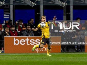 Nicolo Barella plays during the Serie A match between FC Internazionale and Venezia FC at Giuseppe Meazza Stadium in Milano, Italy, on Novem...