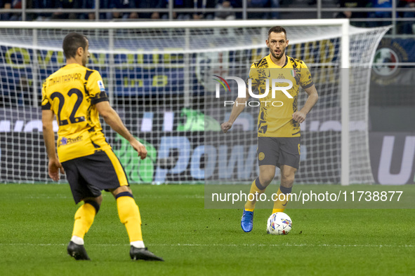 Stefan De Vrij plays during the Serie A match between FC Internazionale and Venezia FC at Giuseppe Meazza Stadium in Milano, Italy, on Novem...