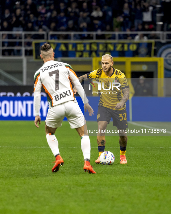 Federico Dimarco plays during the Serie A match between FC Internazionale and Venezia FC at Giuseppe Meazza Stadium in Milano, Italy, on Nov...