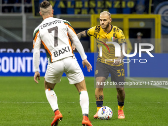 Federico Dimarco plays during the Serie A match between FC Internazionale and Venezia FC at Giuseppe Meazza Stadium in Milano, Italy, on Nov...