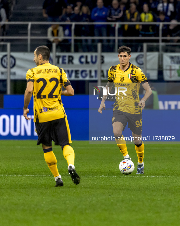 Alessandro Bastoni plays during the Serie A match between FC Internazionale and Venezia FC at Giuseppe Meazza Stadium in Milano, Italy, on N...