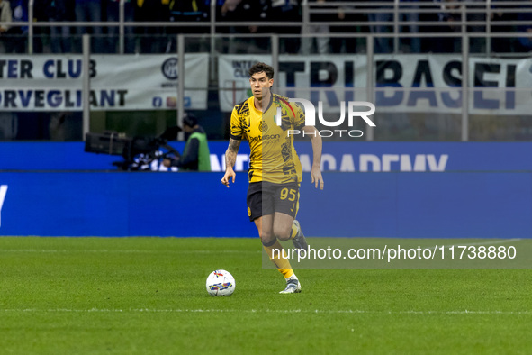 Alessandro Bastoni plays during the Serie A match between FC Internazionale and Venezia FC at Giuseppe Meazza Stadium in Milano, Italy, on N...