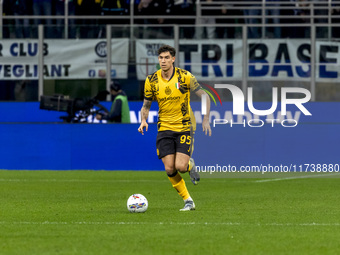 Alessandro Bastoni plays during the Serie A match between FC Internazionale and Venezia FC at Giuseppe Meazza Stadium in Milano, Italy, on N...