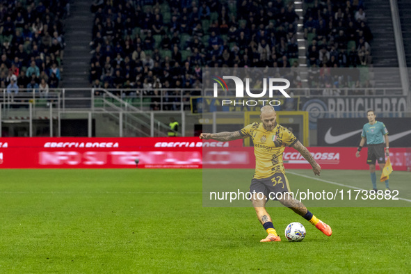 Federico Dimarco plays during the Serie A match between FC Internazionale and Venezia FC at Giuseppe Meazza Stadium in Milano, Italy, on Nov...