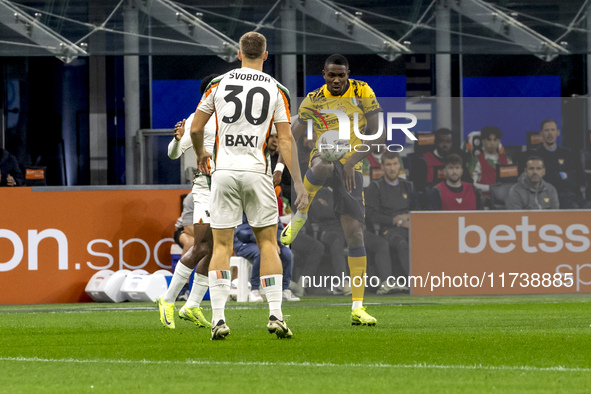 Marcus Thuram plays during the Serie A match between FC Internazionale and Venezia FC at Giuseppe Meazza Stadium in Milano, Italy, on Novemb...