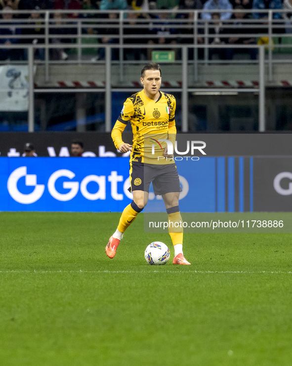 Piotr Zielinski plays during the Serie A match between FC Internazionale and Venezia FC at Giuseppe Meazza Stadium in Milano, Italy, on Nove...