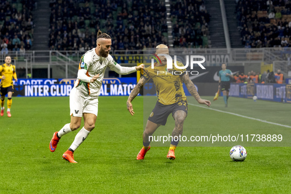 Federico Dimarco plays during the Serie A match between FC Internazionale and Venezia FC at Giuseppe Meazza Stadium in Milano, Italy, on Nov...