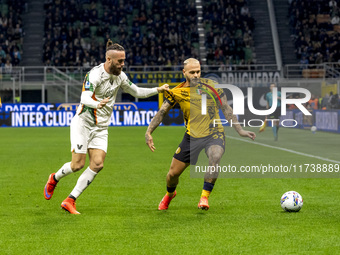 Federico Dimarco plays during the Serie A match between FC Internazionale and Venezia FC at Giuseppe Meazza Stadium in Milano, Italy, on Nov...