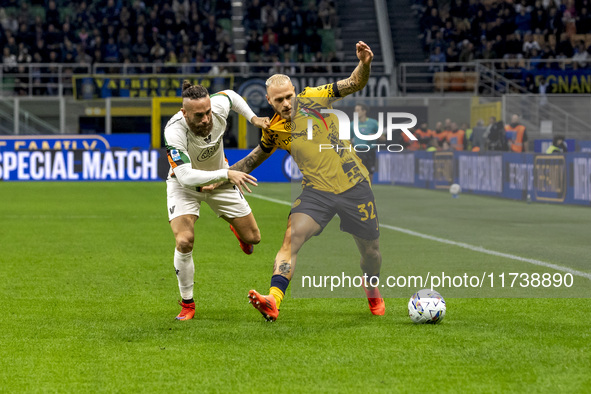 Federico Dimarco plays during the Serie A match between FC Internazionale and Venezia FC at Giuseppe Meazza Stadium in Milano, Italy, on Nov...