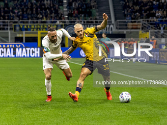 Federico Dimarco plays during the Serie A match between FC Internazionale and Venezia FC at Giuseppe Meazza Stadium in Milano, Italy, on Nov...