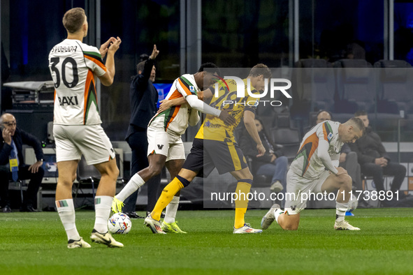 Benjamin Pavard plays during the Serie A match between FC Internazionale and Venezia FC at Giuseppe Meazza Stadium in Milano, Italy, on Nove...