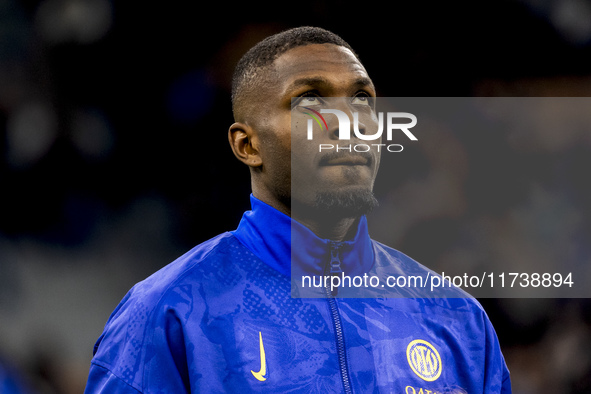 Marcus Thuram plays during the Serie A match between FC Internazionale and Venezia FC at Giuseppe Meazza Stadium in Milano, Italy, on Novemb...