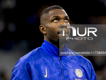 Marcus Thuram plays during the Serie A match between FC Internazionale and Venezia FC at Giuseppe Meazza Stadium in Milano, Italy, on Novemb...