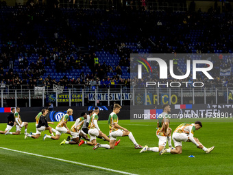 Venezia FC warms up before the Serie A match between FC Internazionale and Venezia FC at Giuseppe Meazza Stadium in Milano, Italy, on Novemb...