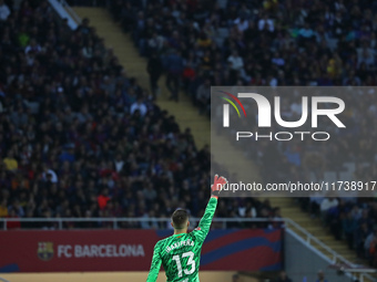 Inaki Pena plays during the match between FC Barcelona and RCD Espanyol, corresponding to week 12 of LaLiga EA Sports, at the Lluis Companys...