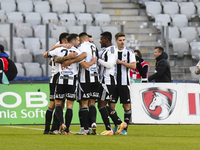 Players of U Cluj celebrate during the Supeliga match between Universitatea Cluj and Farul Constanta at Cluj Arena in Cluj, Romania, on Nove...