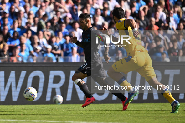 Matteo Politano of S.S.C. Napoli and Sead Kolasinac of Atalanta B.C. are in action during the 11th day of the Serie A Championship between S...