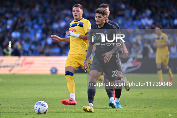 Amir Rrahmani of S.S.C. Napoli, Mateo Retegui of Atalanta B.C., and Giovanni Di Lorenzo of S.S.C. Napoli are in action during the 11th day o...