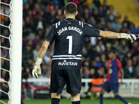 Joan Garcia plays during the match between FC Barcelona and RCD Espanyol, corresponding to week 12 of LaLiga EA Sports, at the Lluis Company...