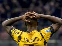 Marcus Thuram plays during the Serie A match between FC Internazionale and Venezia FC at Giuseppe Meazza Stadium in Milano, Italy, on Novemb...