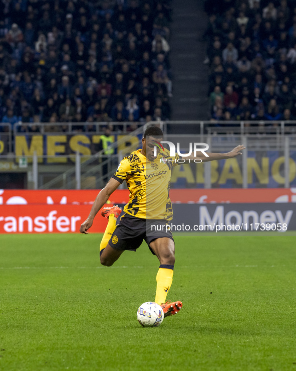 Denzel Dumfries plays during the Serie A match between FC Internazionale and Venezia FC at Giuseppe Meazza Stadium in Milano, Italy, on Nove...