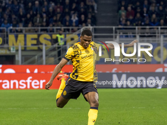 Denzel Dumfries plays during the Serie A match between FC Internazionale and Venezia FC at Giuseppe Meazza Stadium in Milano, Italy, on Nove...