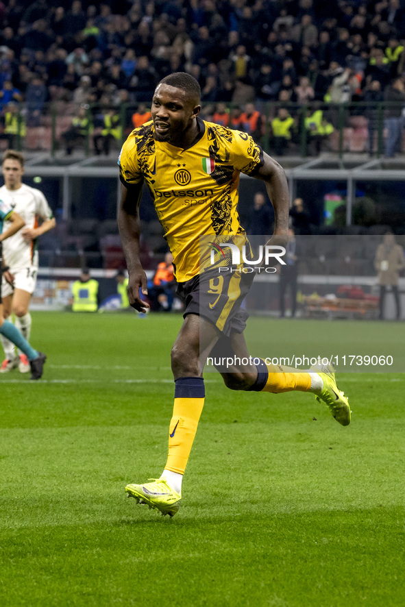 Marcus Thuram plays during the Serie A match between FC Internazionale and Venezia FC at Giuseppe Meazza Stadium in Milano, Italy, on Novemb...