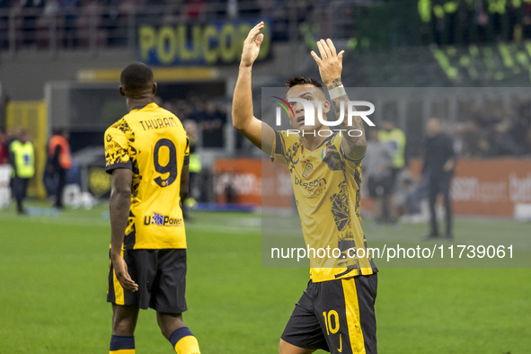 Lautaro Martinez celebrates after scoring a goal during the Serie A football match between FC Internazionale and Venezia FC at Giuseppe Meaz...