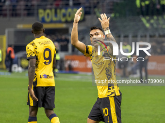 Lautaro Martinez celebrates after scoring a goal during the Serie A football match between FC Internazionale and Venezia FC at Giuseppe Meaz...