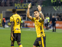 Lautaro Martinez celebrates after scoring a goal during the Serie A football match between FC Internazionale and Venezia FC at Giuseppe Meaz...