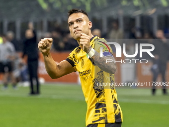 Lautaro Martinez celebrates after scoring a goal during the Serie A football match between FC Internazionale and Venezia FC at Giuseppe Meaz...