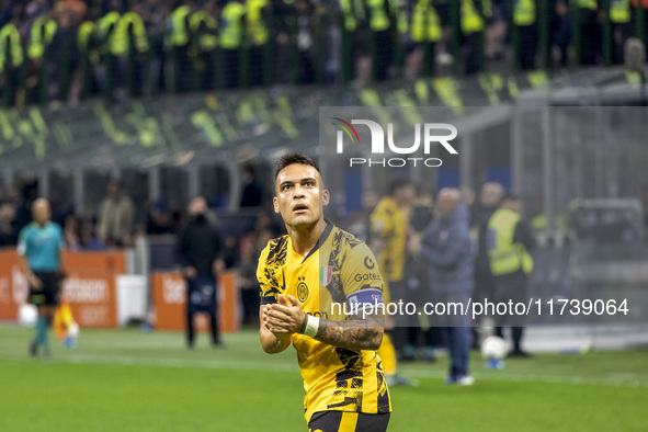 Lautaro Martinez celebrates after scoring a goal during the Serie A football match between FC Internazionale and Venezia FC at Giuseppe Meaz...