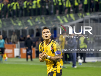 Lautaro Martinez celebrates after scoring a goal during the Serie A football match between FC Internazionale and Venezia FC at Giuseppe Meaz...