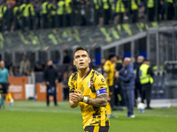 Lautaro Martinez celebrates after scoring a goal during the Serie A football match between FC Internazionale and Venezia FC at Giuseppe Meaz...