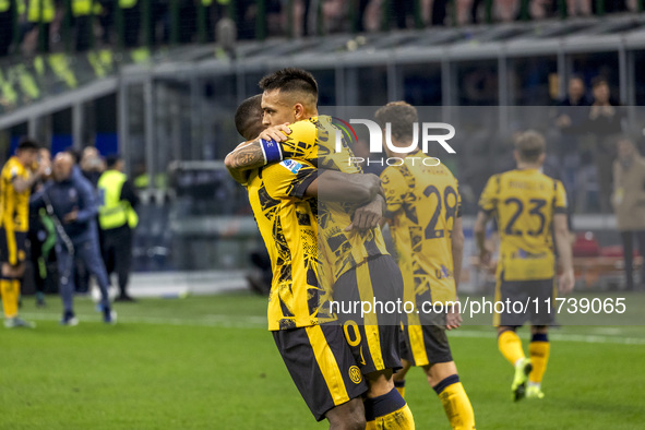 Marcus Thuram and Lautaro Martinez celebrate after scoring a goal during the Serie A football match between FC Internazionale and Venezia FC...