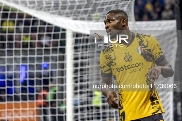 Marcus Thuram plays during the Serie A match between FC Internazionale and Venezia FC at Giuseppe Meazza Stadium in Milano, Italy, on Novemb...