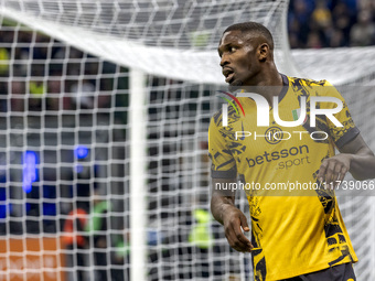 Marcus Thuram plays during the Serie A match between FC Internazionale and Venezia FC at Giuseppe Meazza Stadium in Milano, Italy, on Novemb...