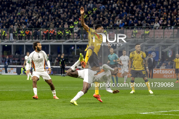 Denzel Dumfries plays during the Serie A match between FC Internazionale and Venezia FC at Giuseppe Meazza Stadium in Milano, Italy, on Nove...