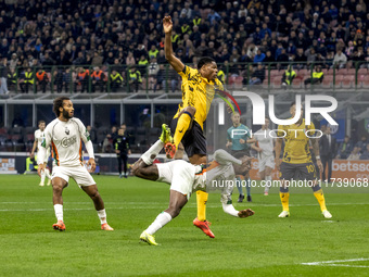 Denzel Dumfries plays during the Serie A match between FC Internazionale and Venezia FC at Giuseppe Meazza Stadium in Milano, Italy, on Nove...