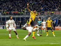 Denzel Dumfries plays during the Serie A match between FC Internazionale and Venezia FC at Giuseppe Meazza Stadium in Milano, Italy, on Nove...