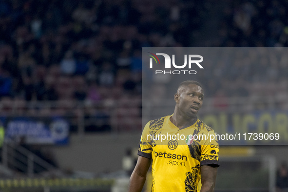 Marcus Thuram plays during the Serie A match between FC Internazionale and Venezia FC at Giuseppe Meazza Stadium in Milano, Italy, on Novemb...