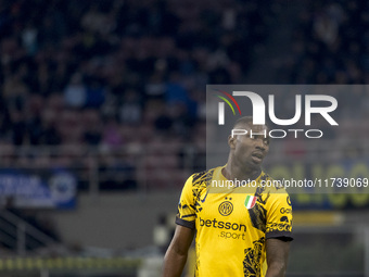 Marcus Thuram plays during the Serie A match between FC Internazionale and Venezia FC at Giuseppe Meazza Stadium in Milano, Italy, on Novemb...