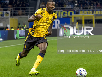 Marcus Thuram plays during the Serie A match between FC Internazionale and Venezia FC at Giuseppe Meazza Stadium in Milano, Italy, on Novemb...