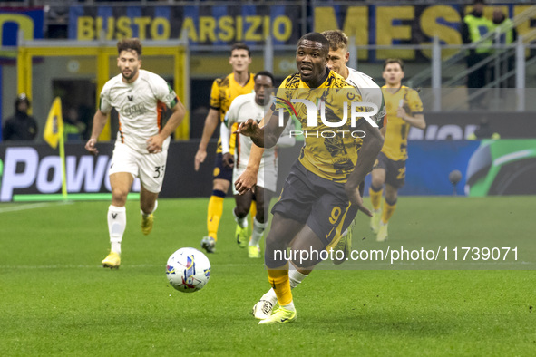 Marcus Thuram plays during the Serie A match between FC Internazionale and Venezia FC at Giuseppe Meazza Stadium in Milano, Italy, on Novemb...