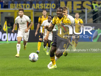 Marcus Thuram plays during the Serie A match between FC Internazionale and Venezia FC at Giuseppe Meazza Stadium in Milano, Italy, on Novemb...