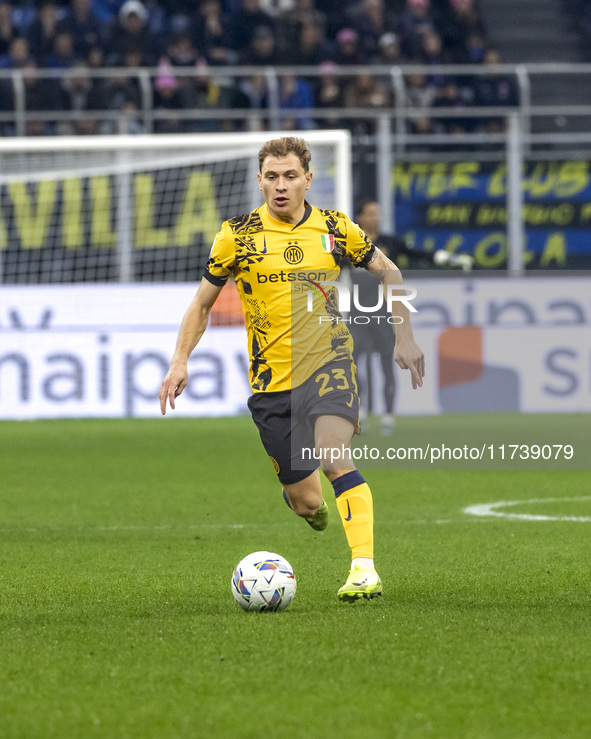 Nicolo Barella plays during the Serie A match between FC Internazionale and Venezia FC at Giuseppe Meazza Stadium in Milano, Italy, on Novem...